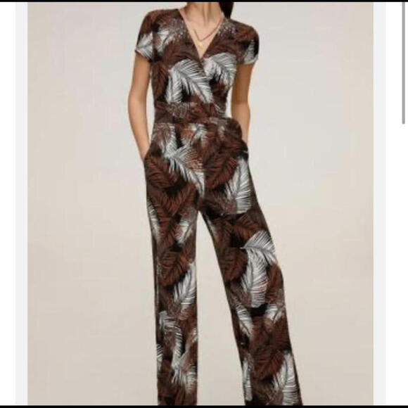 MNG MANGO brown cream black leafy print jumpsuit - Picture 1 of 6